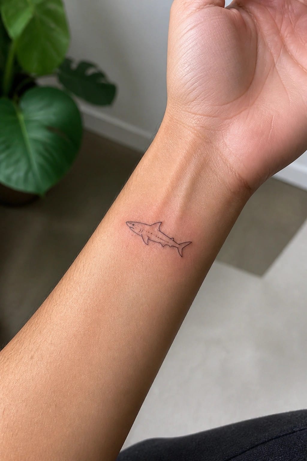 Minimalist black shark tattoo on inner wrist, green plant leaves blurred in background.