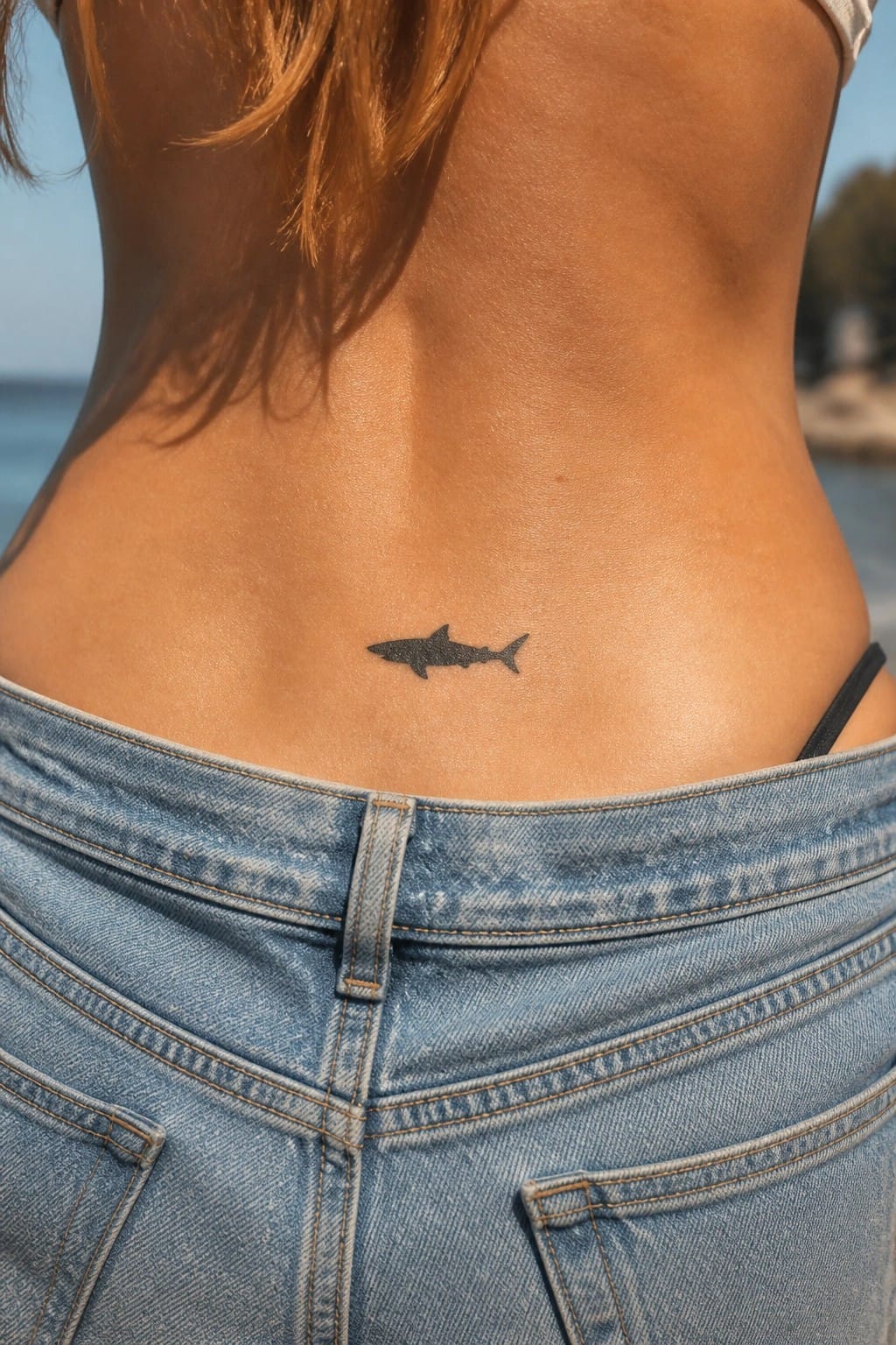Small black shark silhouette tattoo on the lower back above denim jeans.