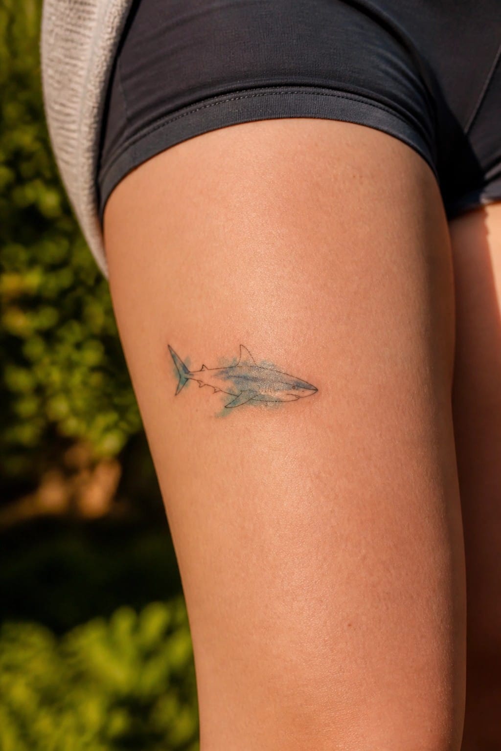 Small blue watercolor shark tattoo on thigh with dark shorts.