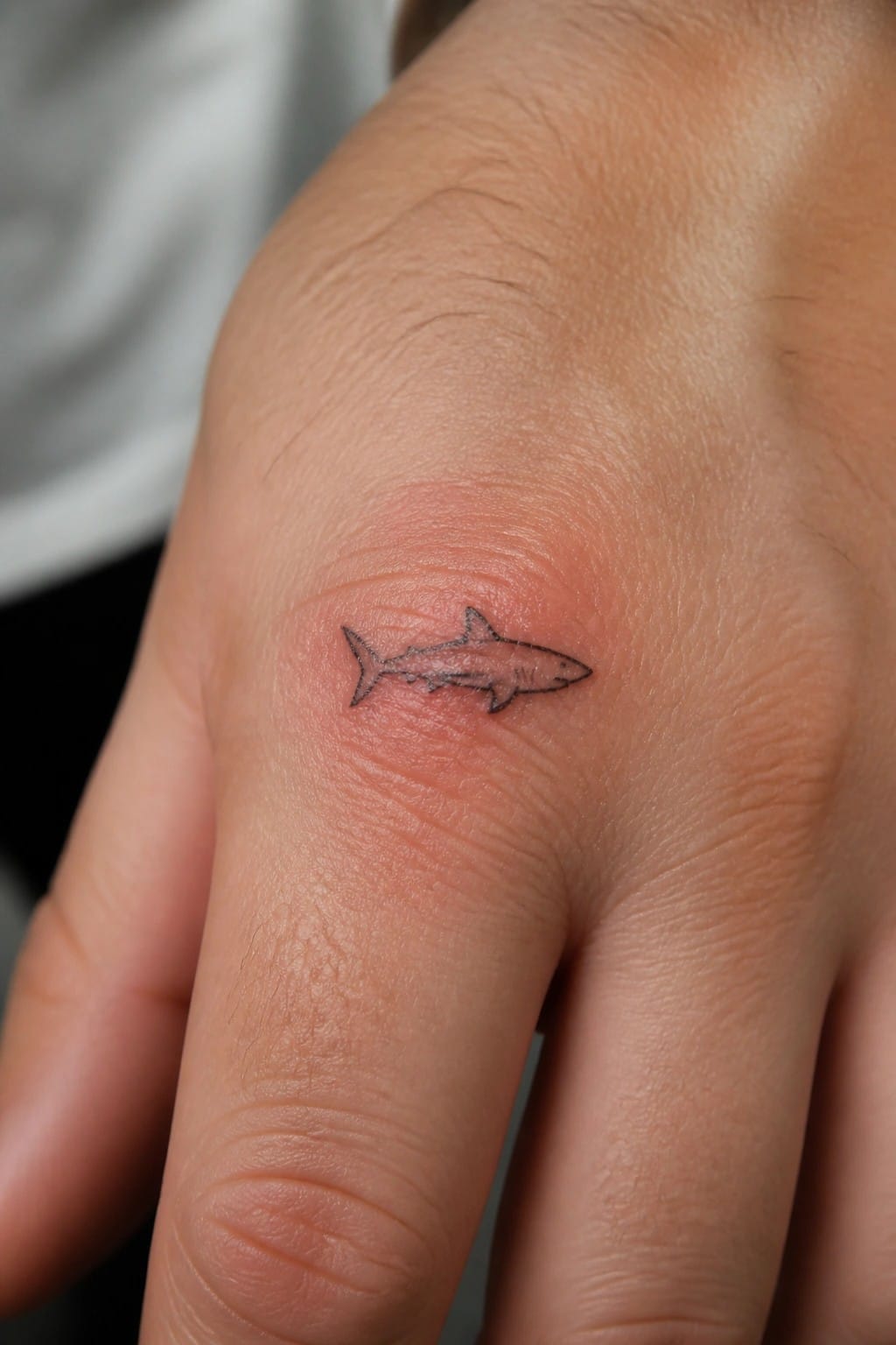 Small fine line shark tattoo placed on the side of a finger.