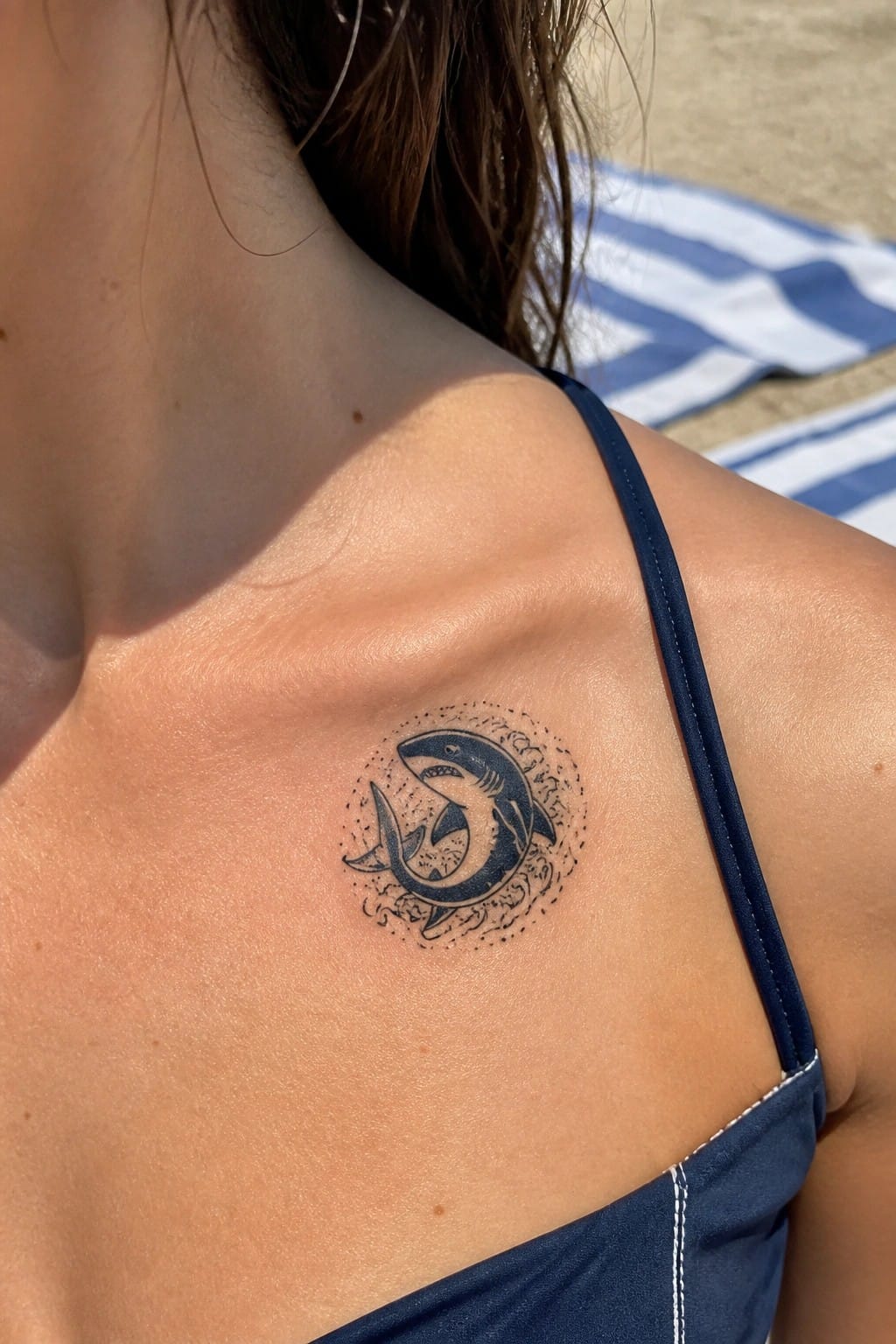 Shark tattoo on woman's shoulder above blue swimsuit strap at beach