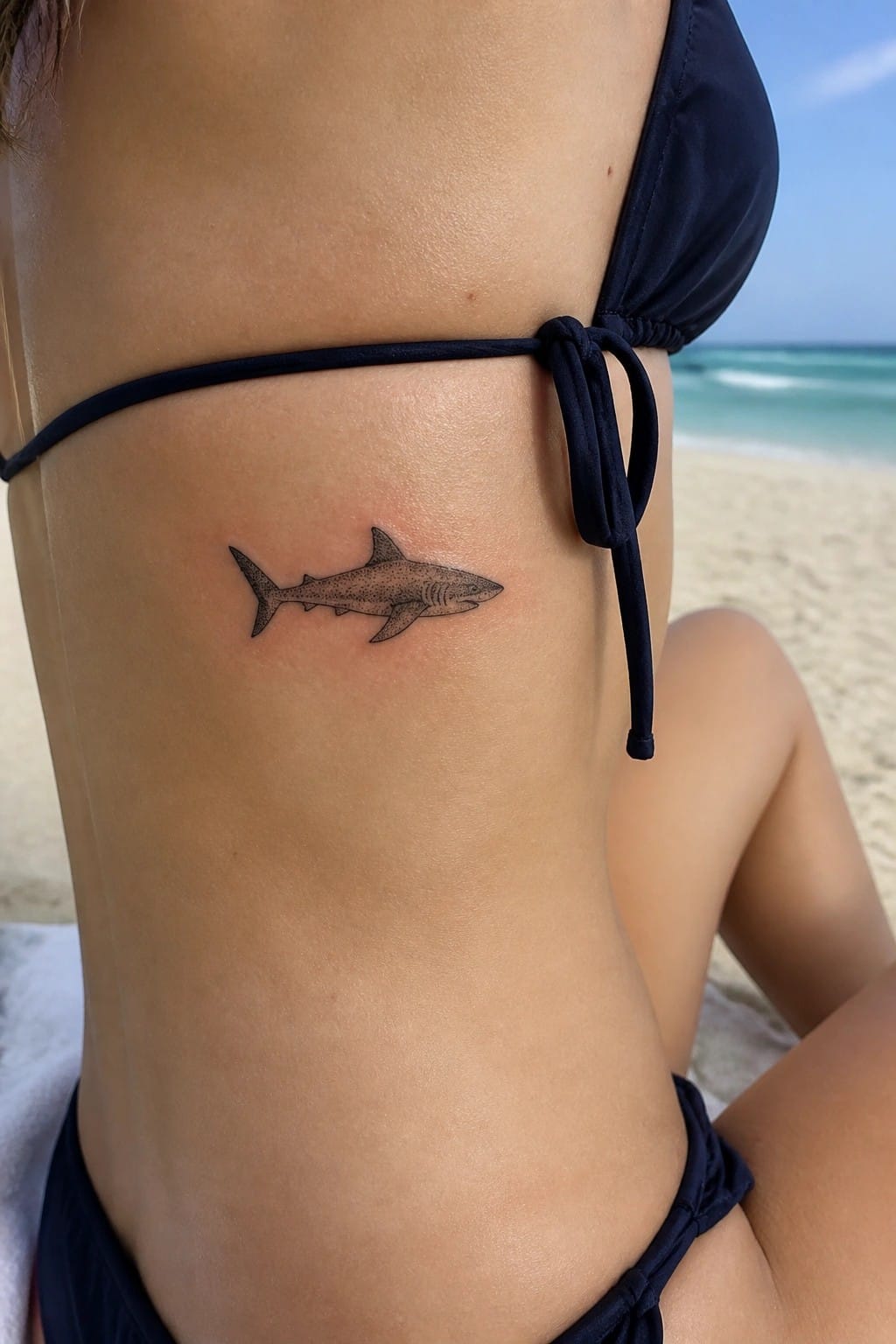 Small dotwork shark tattoo on the side of the torso near the hip in black ink.