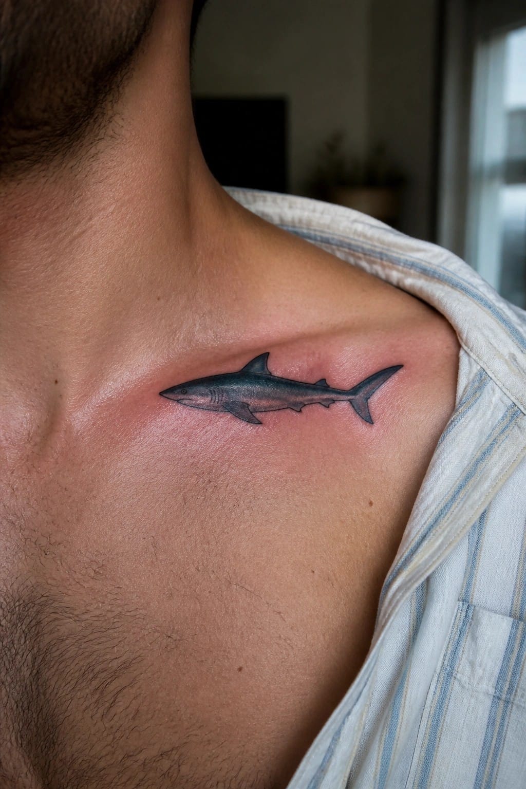 Fresh shark tattoo on reddened skin of man's shoulder beside striped shirt