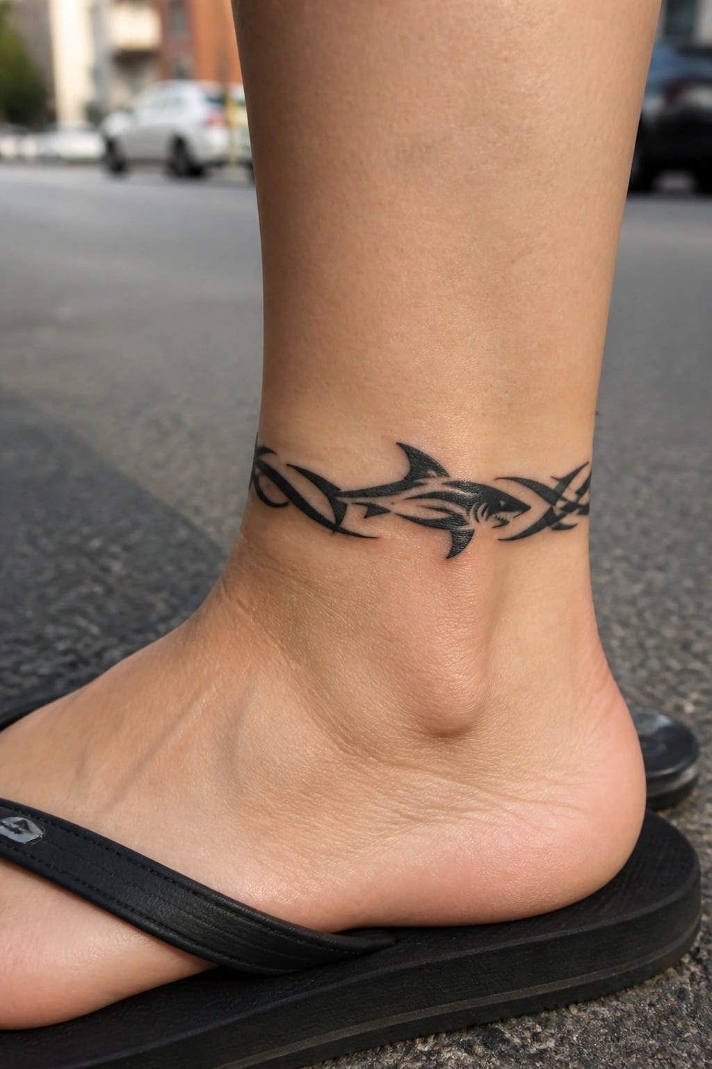 Ankle with black tribal shark tattoo above a flip-flop sandal on pavement