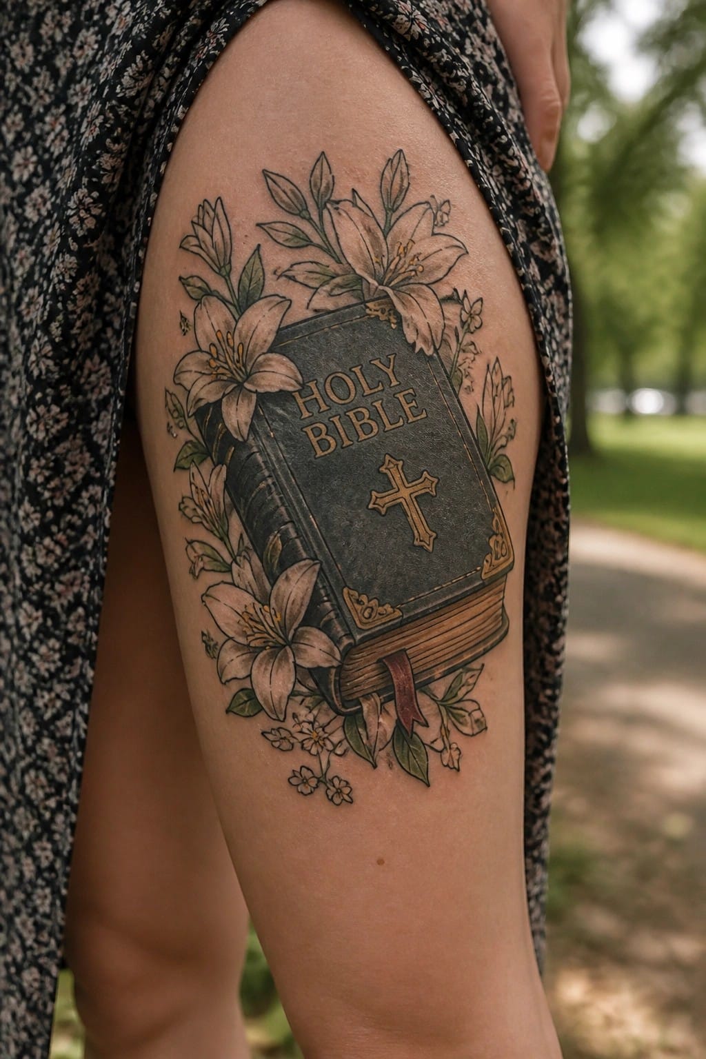 Tattoo of Holy Bible with cross amid white lilies on thigh under floral dress