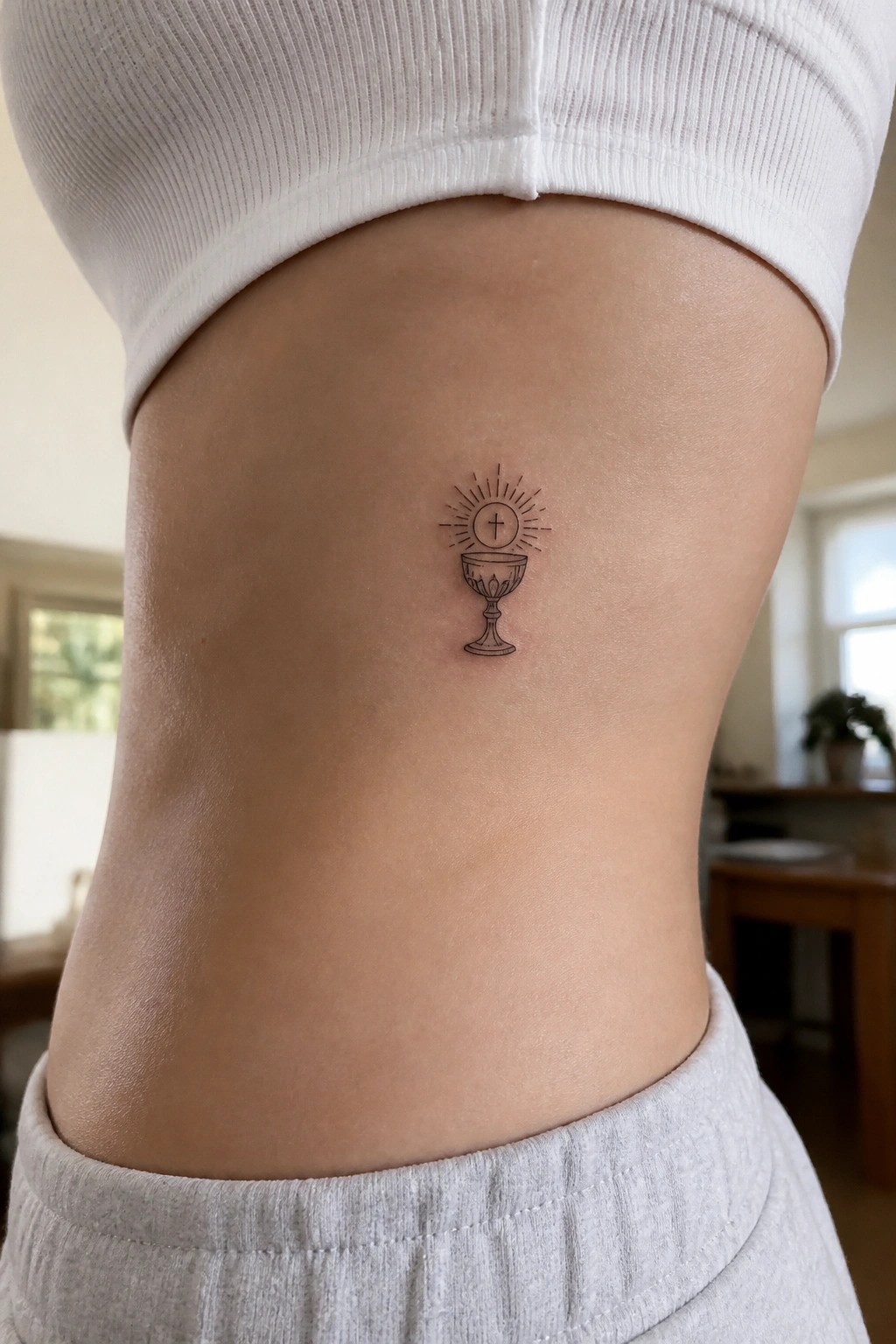 Small black chalice tattoo with cross and rays on abdomen below white crop top.
