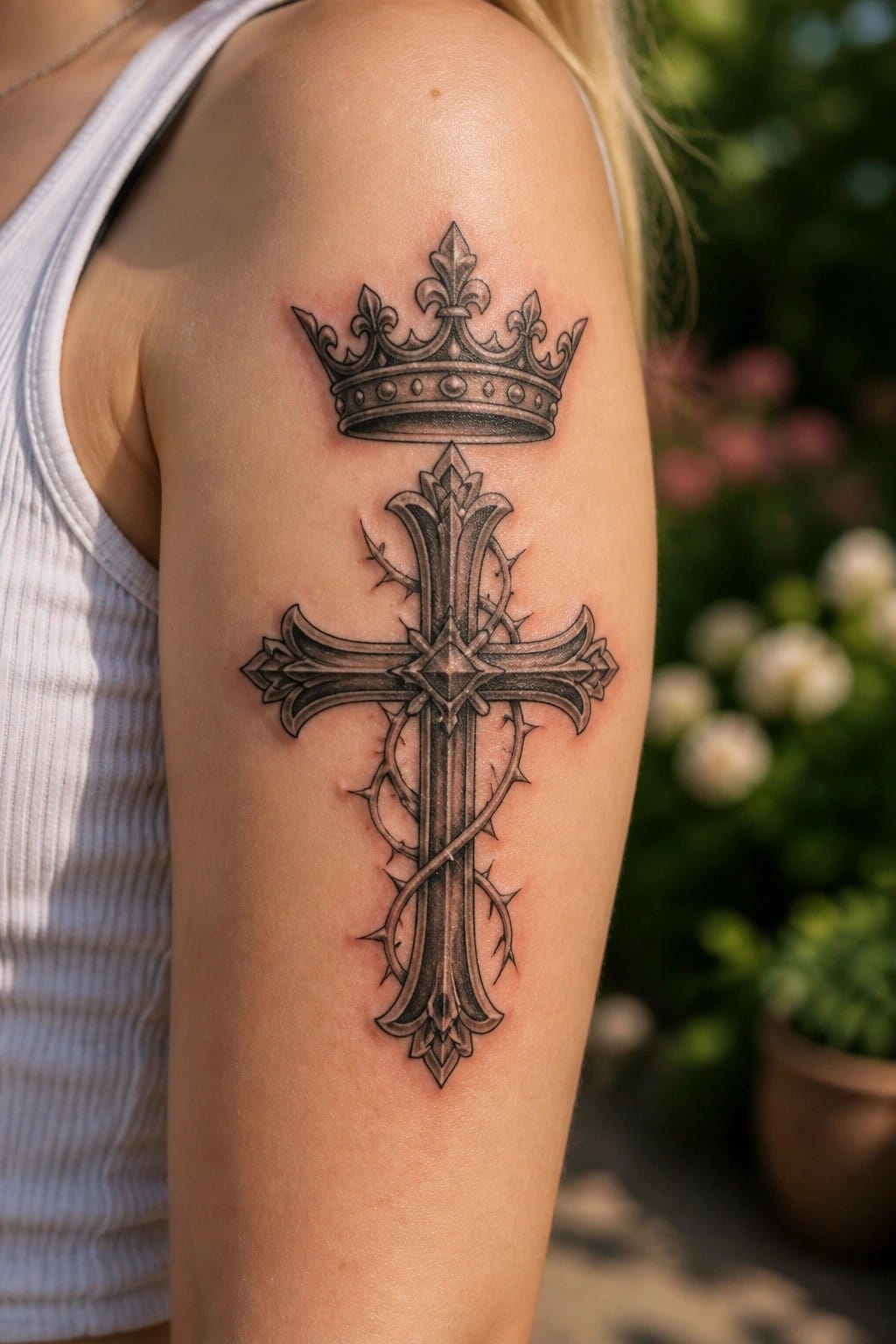 Black and grey tattoo of a crown above an ornate cross wrapped in thorns on a woman's upper arm