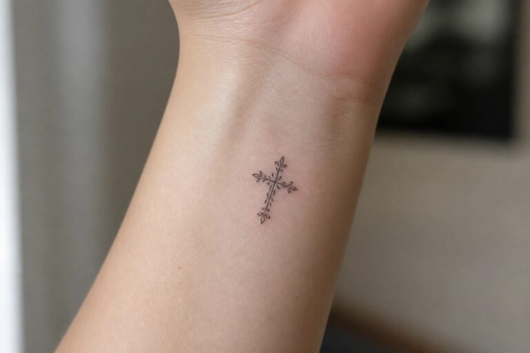 23 Elegant Christian Tattoo Ideas for Women Featuring Faith and Scripture Symbols Small ornate black cross tattoo on wrist above white knitted cuff