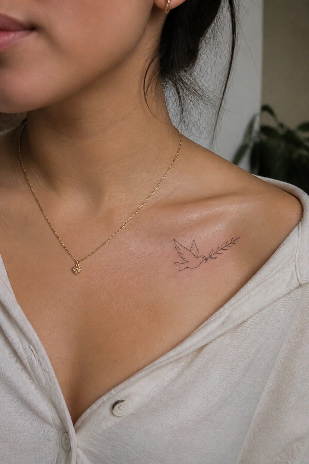 Woman's collarbone with dove tattoo, gold necklace, white button-up shirt
