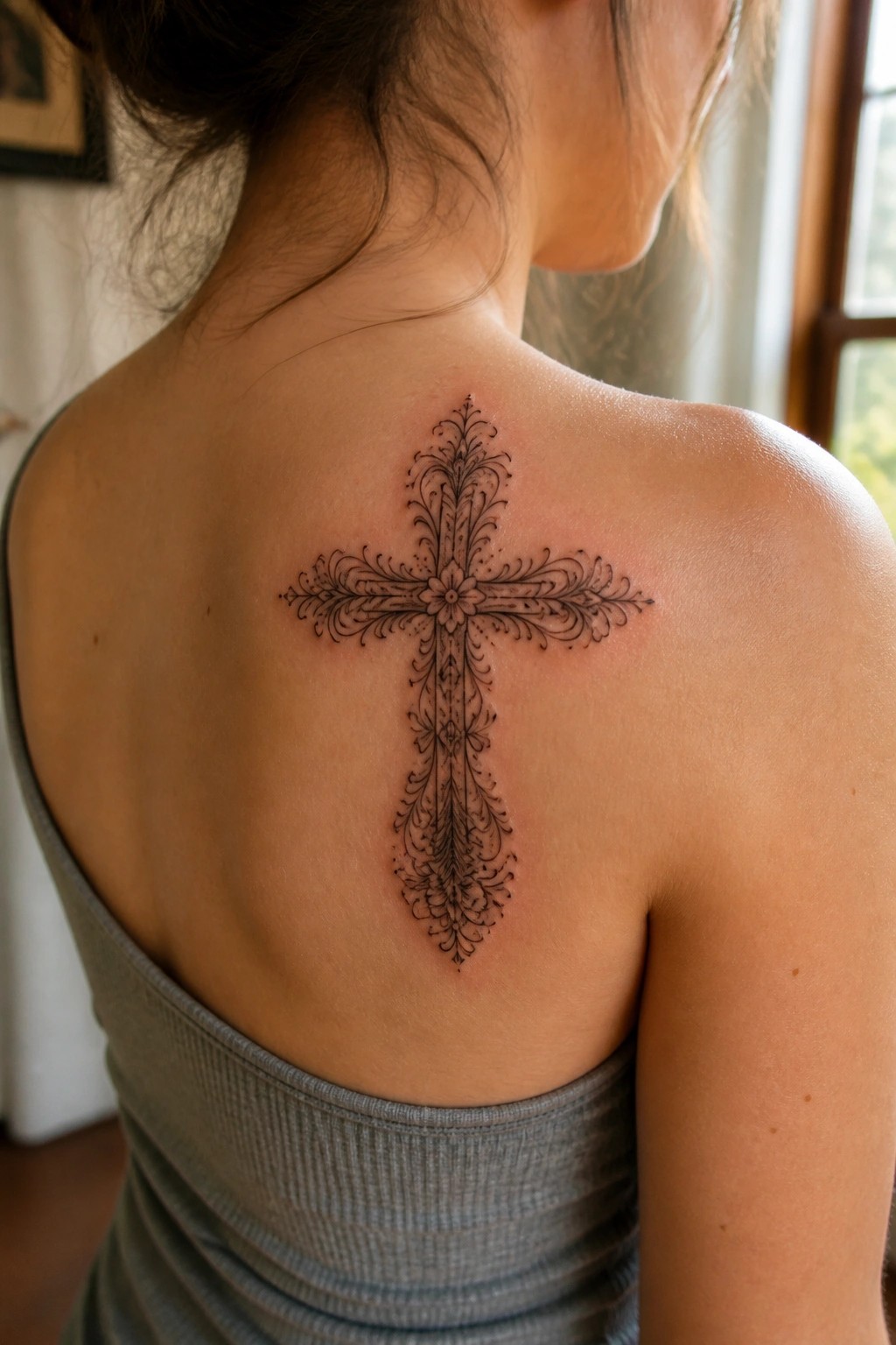 Ornate black cross tattoo on woman's upper back over gray tank top.