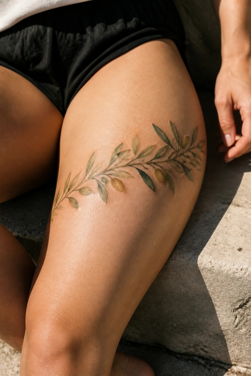 Olive branch tattoo with green leaves and olives on thigh in sunlight, black shorts