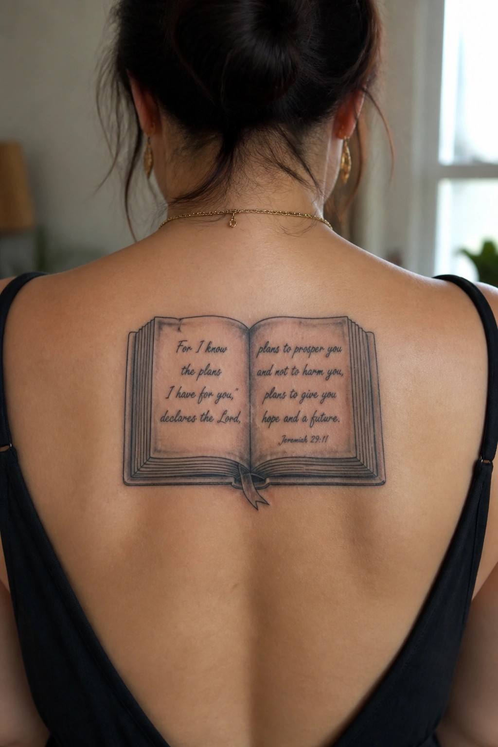 Woman’s upper back with open book Jeremiah 29:11 tattoo, black top, gold necklace.