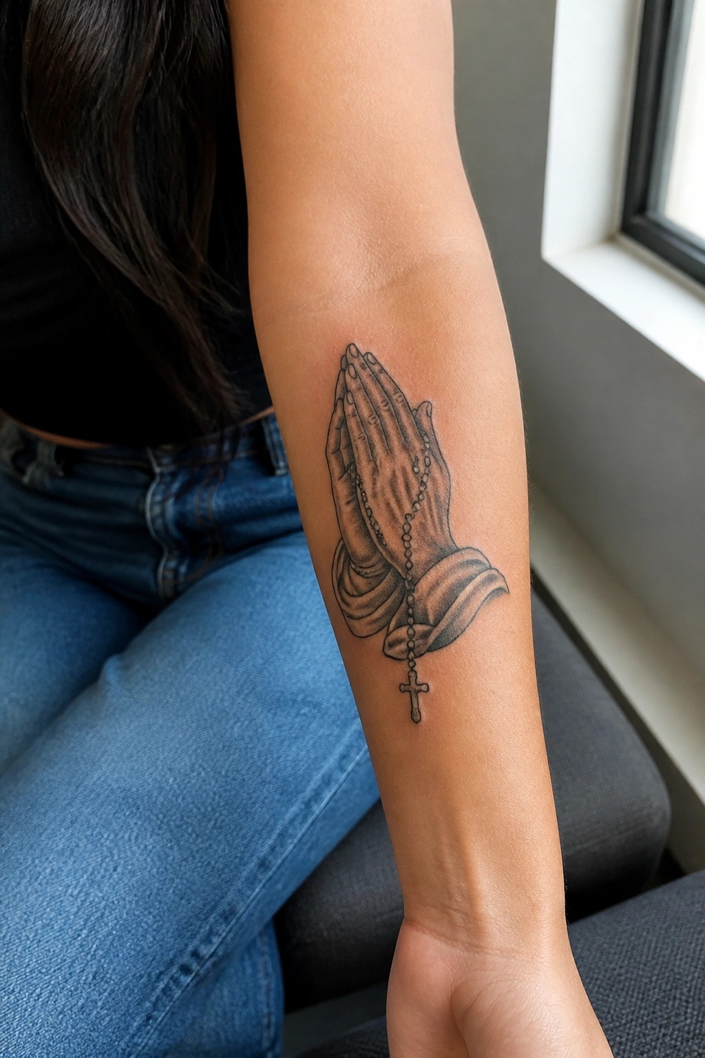 Tattooed forearm with praying hands rosary and cross, black shirt, blue jeans.