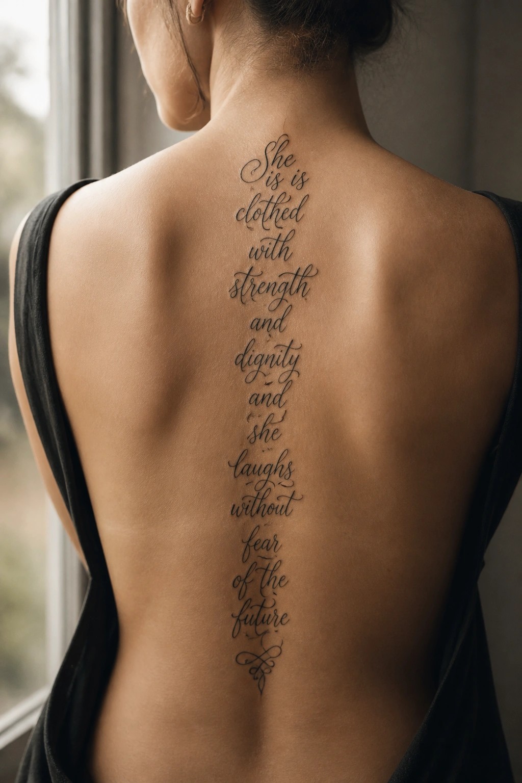 Woman with a vertical cursive bible verse tattoo running down her spine from the neck to mid back.