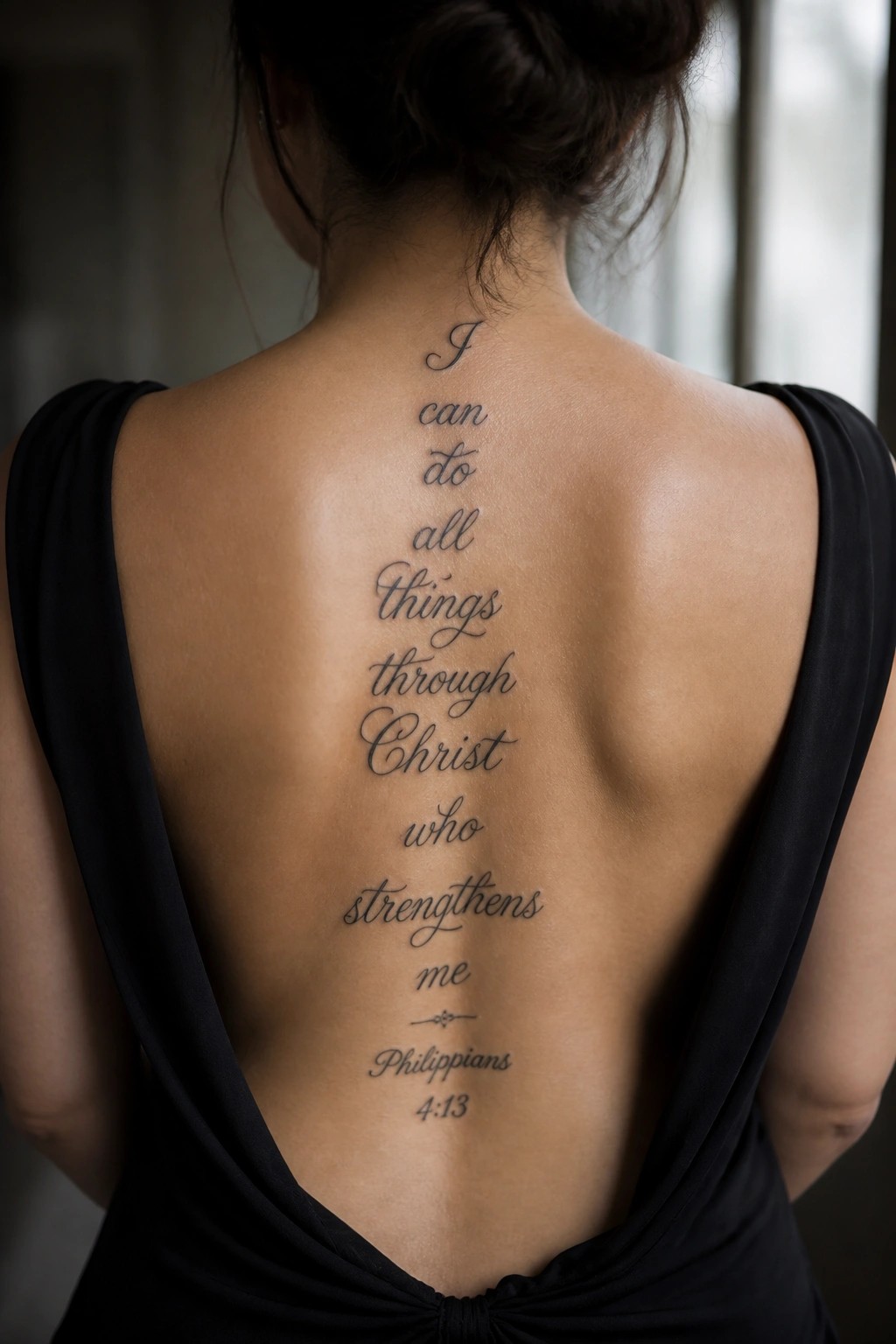 Woman's back with Philippians 4:13 tattoo, dark bun, black low-back top.
