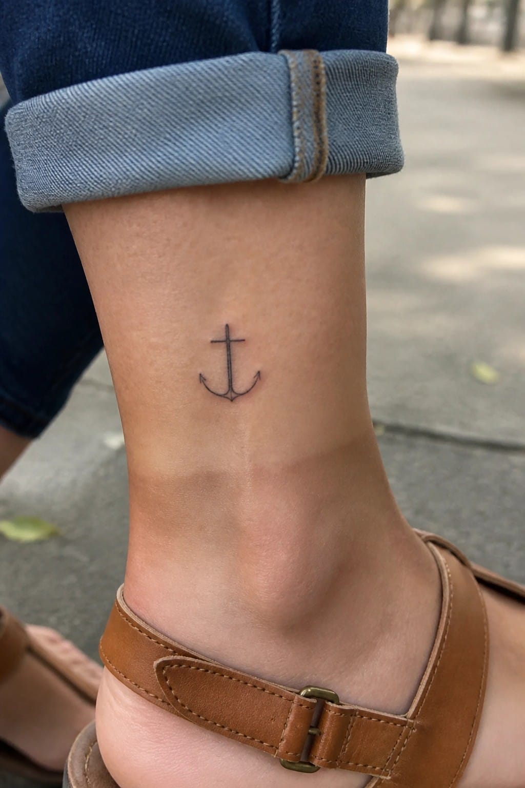 Small black anchor tattoo on ankle above brown sandal and cuffed jeans