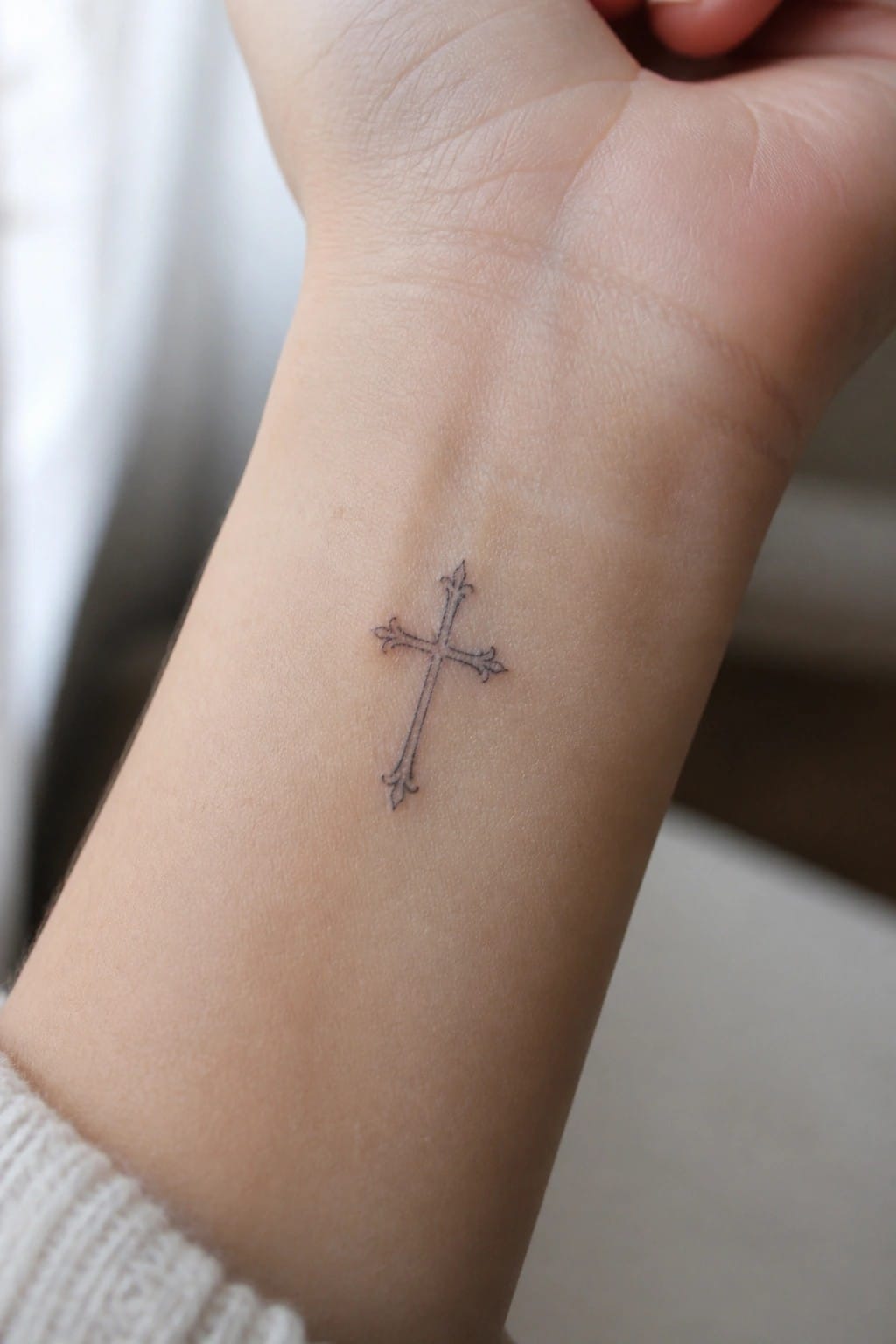 Small ornate black cross tattoo on wrist above white knitted cuff