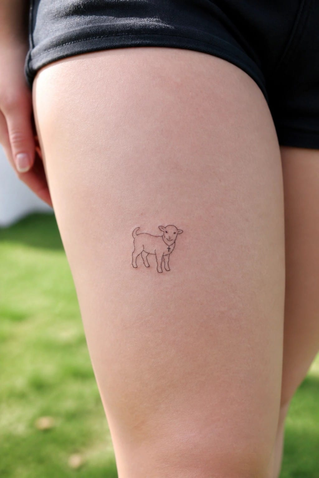 Minimal line drawing of a lamb with a cross necklace tattooed on the upper thigh