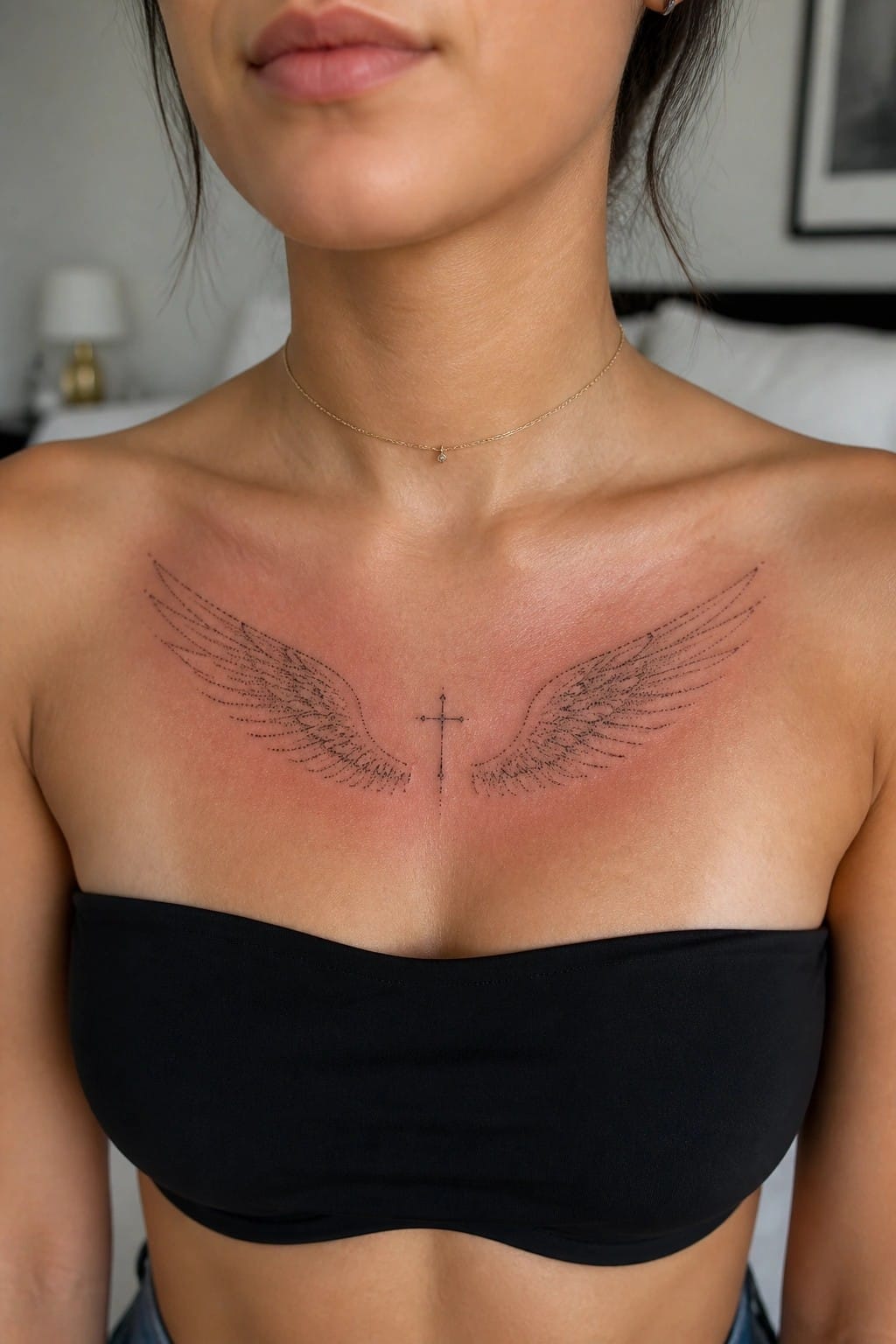 Woman's reddened chest with fresh winged cross tattoo above black strapless top and gold necklace