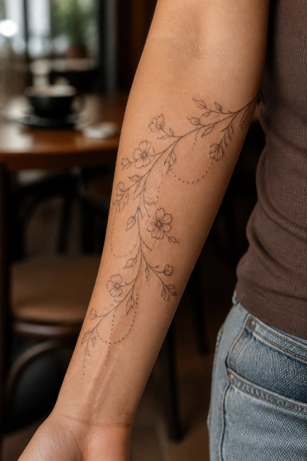 Arm with delicate floral vine tattoo, brown ribbed shirt and blue jeans