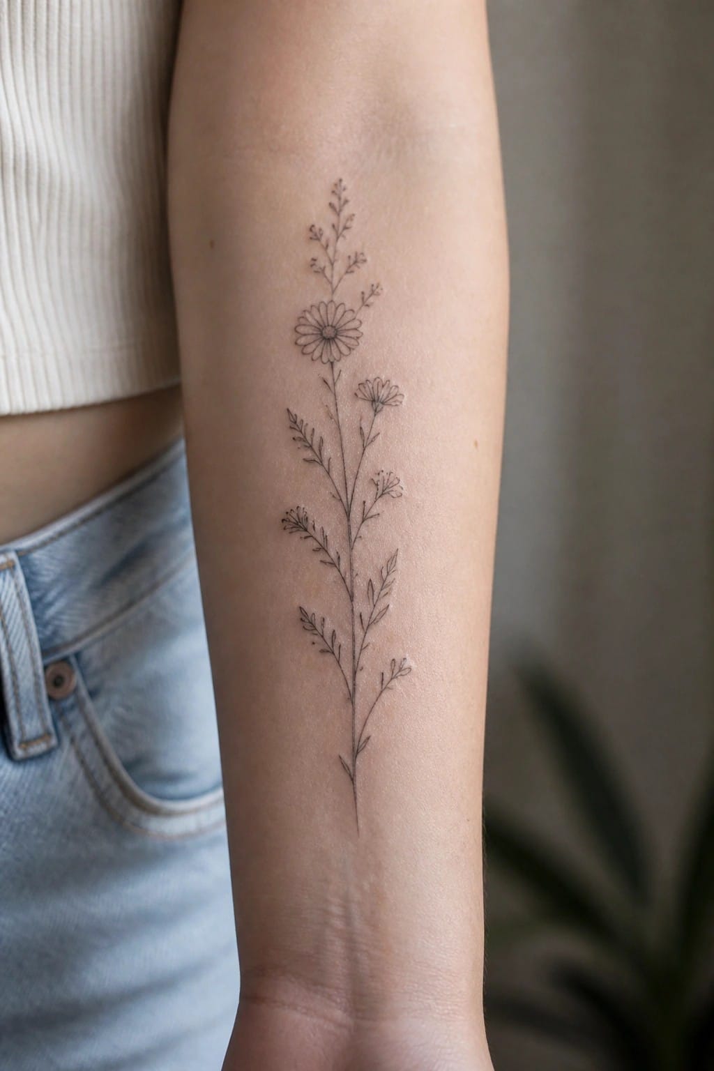 Fine-line black ink floral tattoo with daisies on inner forearm, white top visible