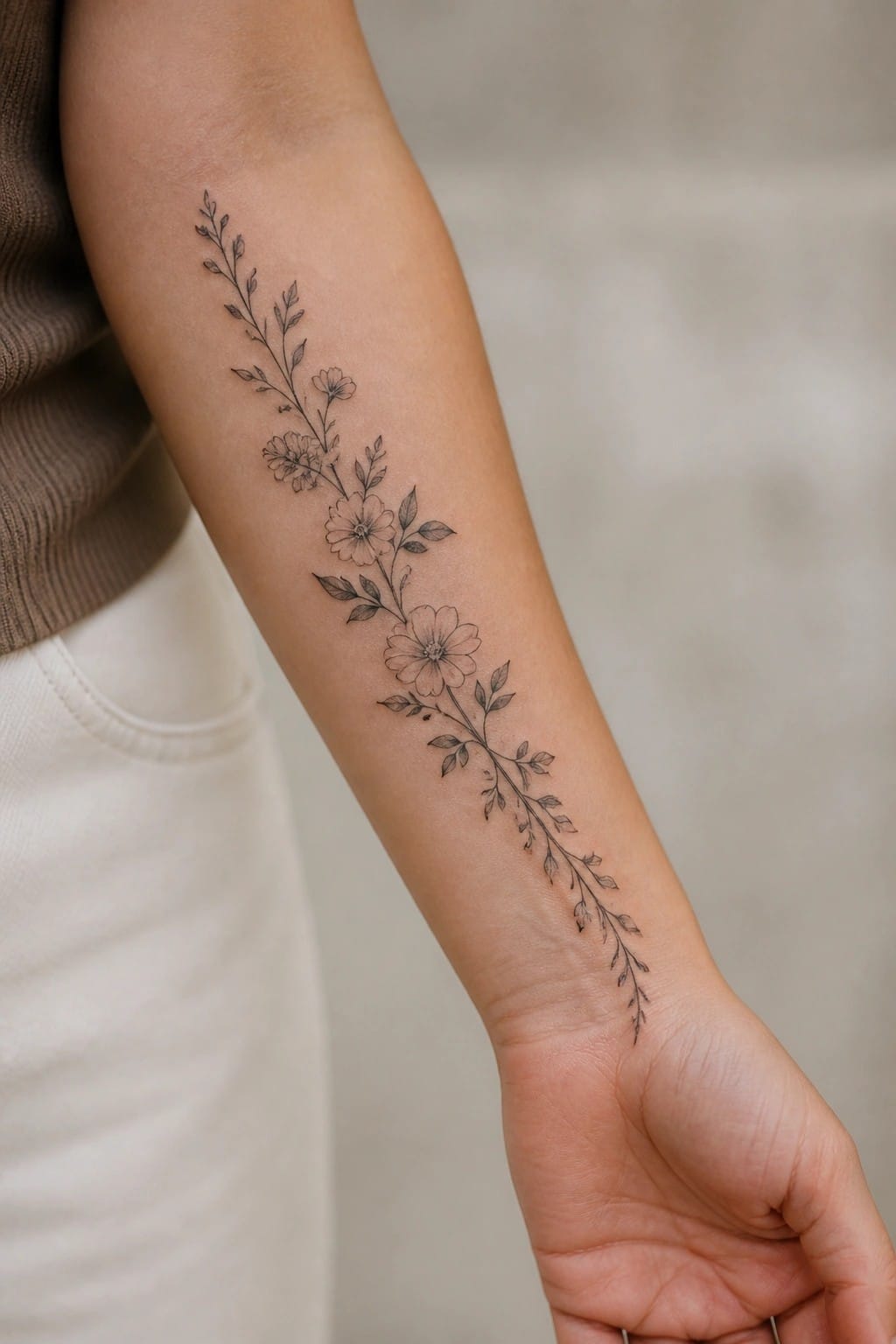 Black ink floral tattoo with flowers and leaves on a forearm