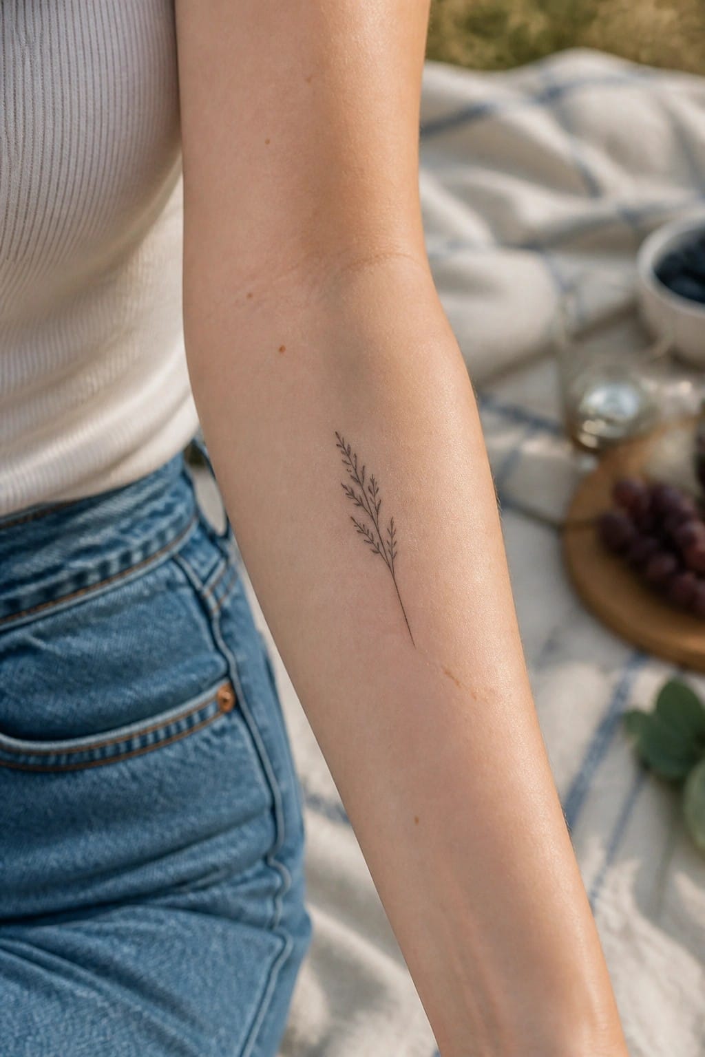 Delicate plant tattoo on forearm beside blue jeans on picnic blanket with grapes