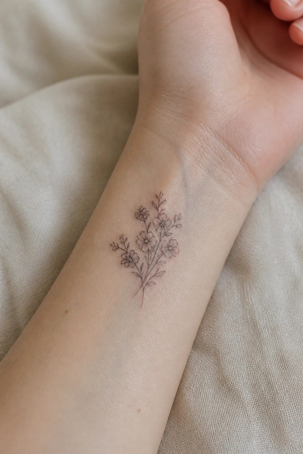 Fine-line floral tattoo with small flowers on inner wrist over beige fabric.
