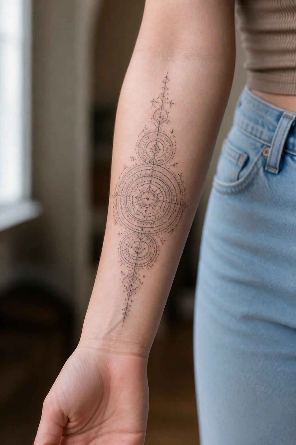 Intricate circular tattoo on forearm with beige top and blue jeans