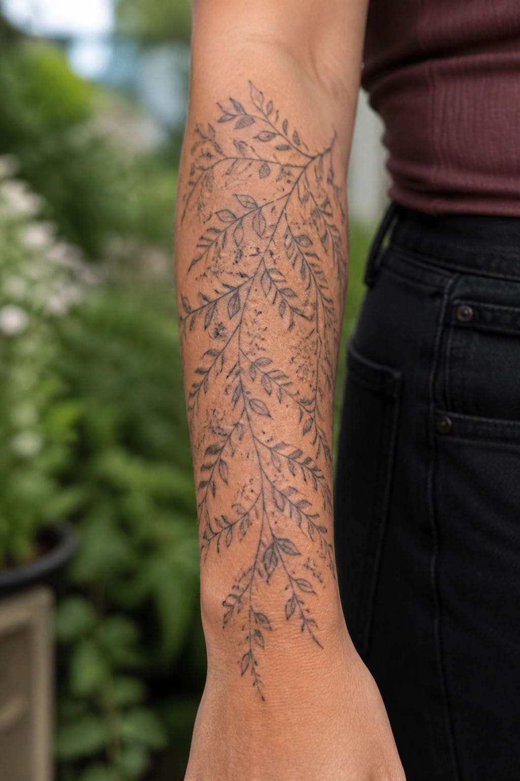 Fine line tattoo of a hanging leafy vine on the inner forearm