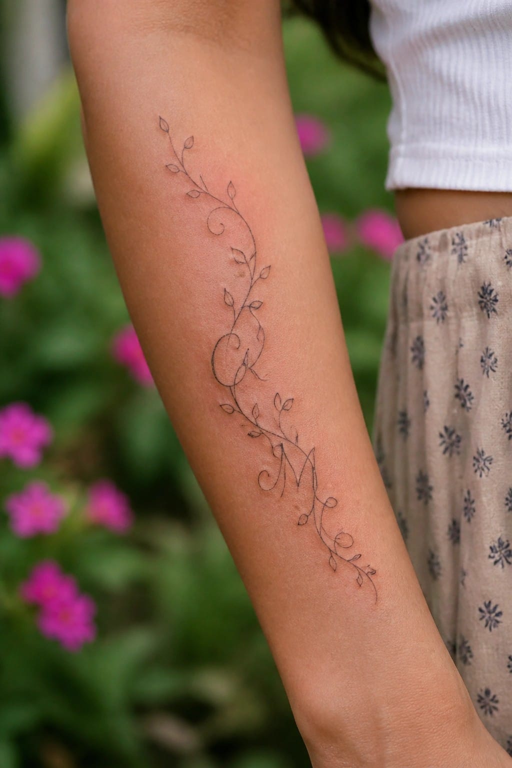 Vine tattoo with leaves and intertwined K and M on forearm beside white top and patterned shorts