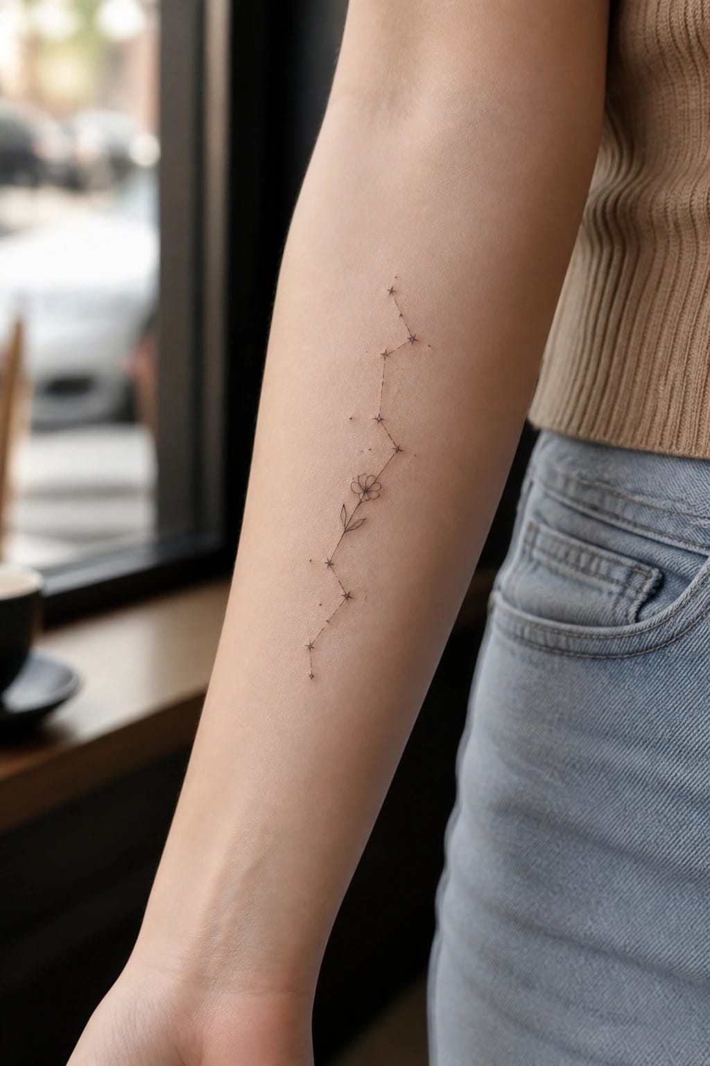 Arm with constellation tattoo of stars and flower, in beige sweater and blue jeans.