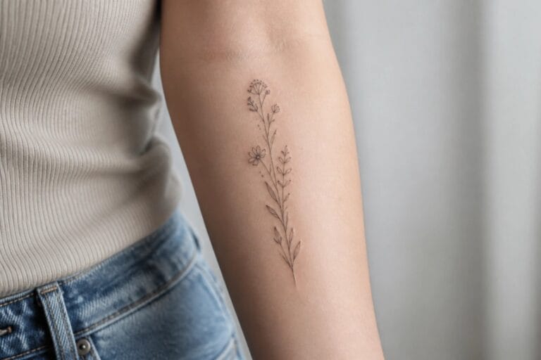 23 Graceful Feminine Forearm Tattoos Built Around Fine Line Artwork Fine-line black ink floral tattoo with daisies on inner forearm, white top visible