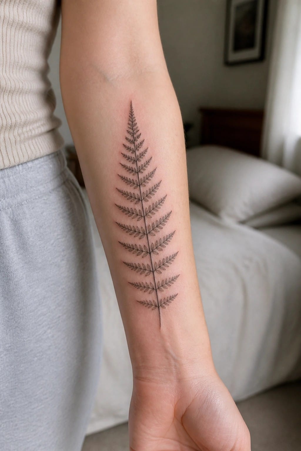 Fine line fern tattoo placed vertically on the inner forearm with delicate black ink leaves along a central stem.