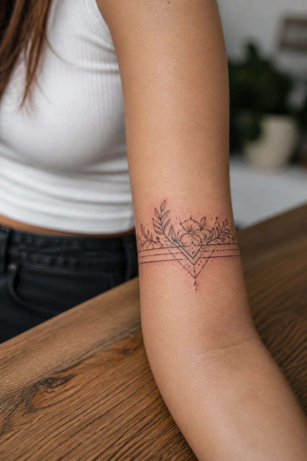 Woman's forearm with black floral geometric tattoo on wooden table, white top visible