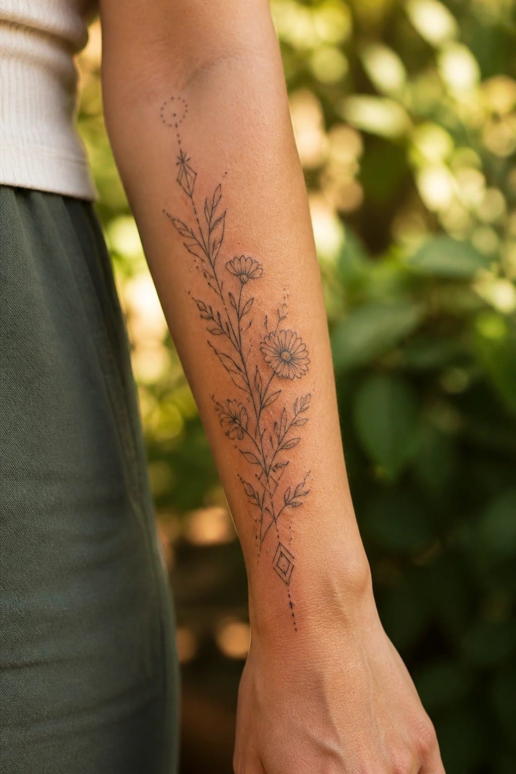 Floral geometric tattoo on forearm of person in white sweater and green pants