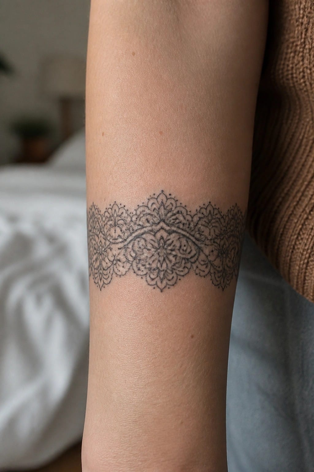 Fine line black ink tattoo of an intricate lace style band with floral details wrapped around a forearm.