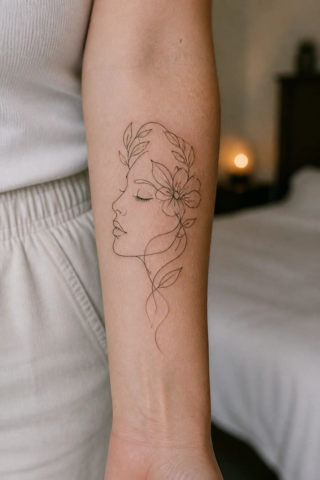 Minimalist line tattoo of woman's profile with flowers on arm in white top