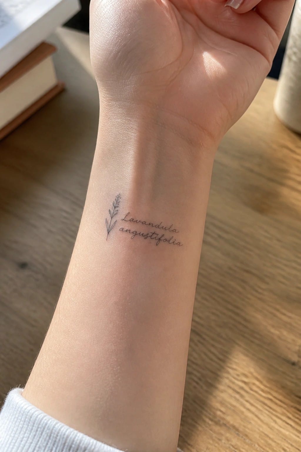 Wrist with white cuff displays small lavender tattoo and Latin name on wood.