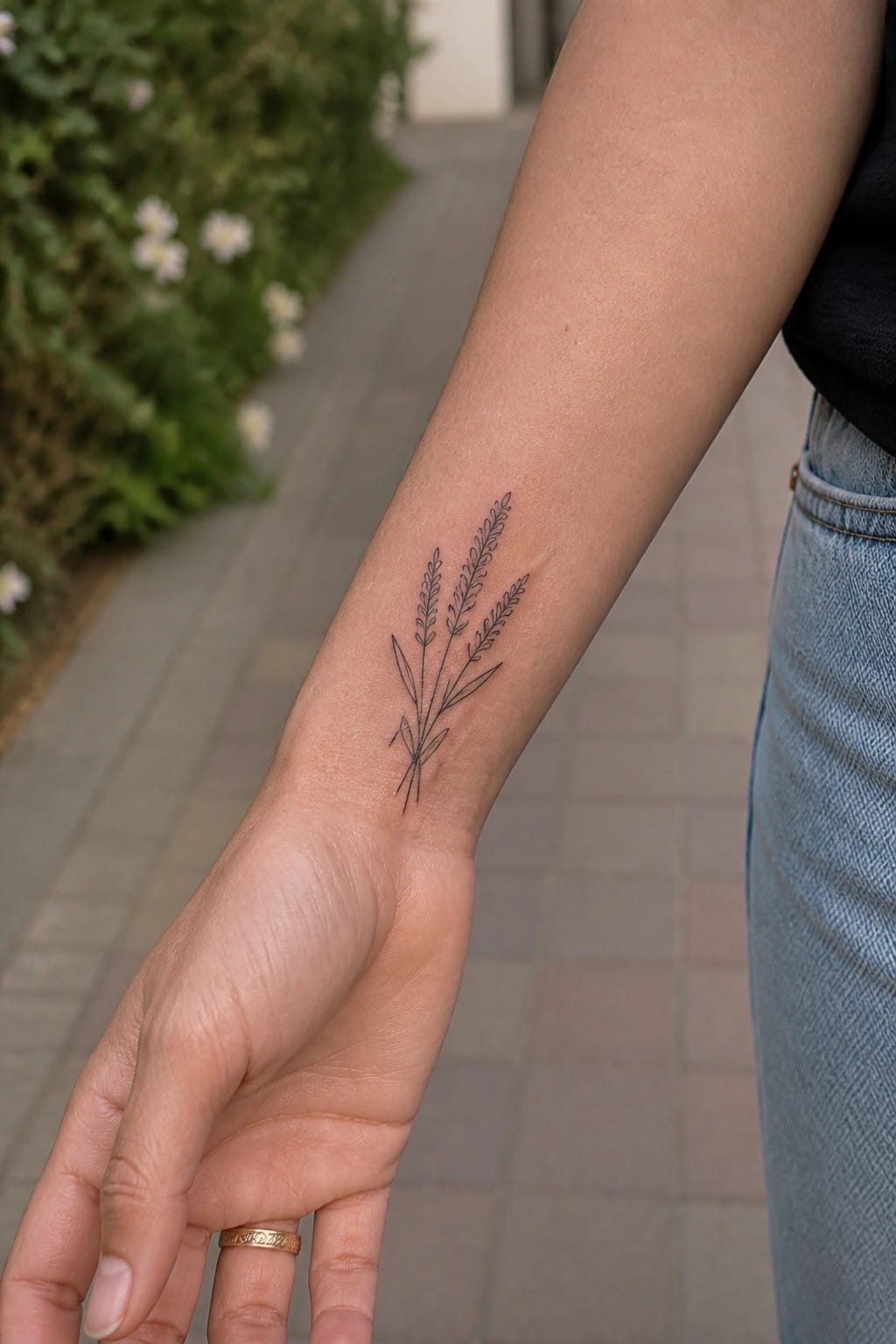 Lavender tattoo on inner forearm with gold ring and blue jeans visible