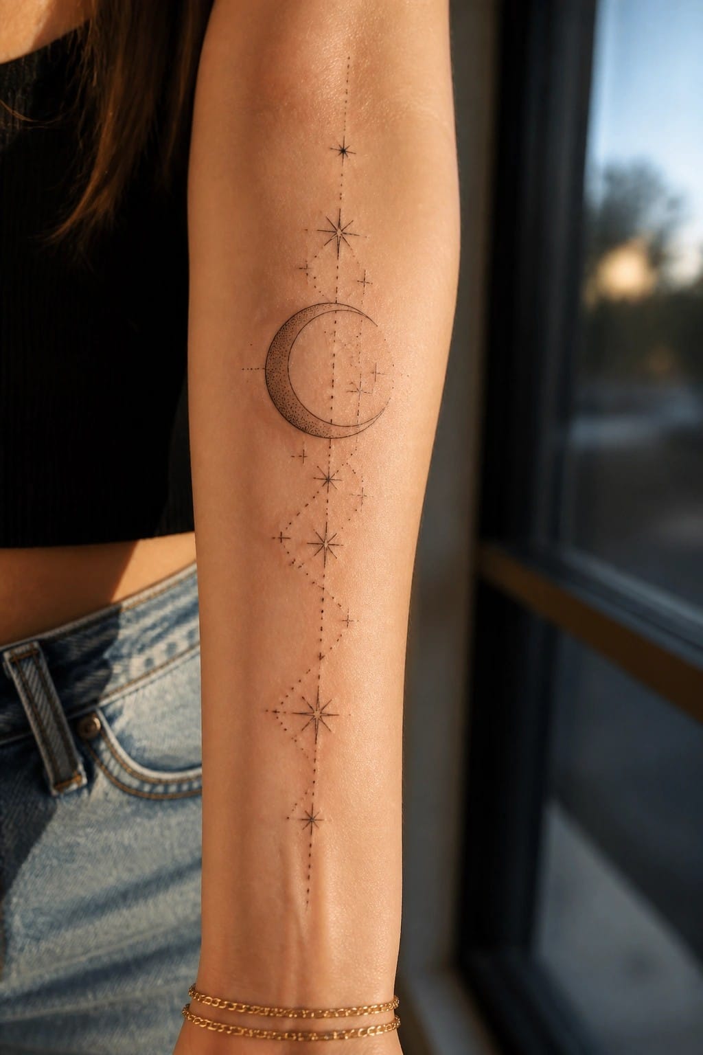 Forearm with crescent moon and star tattoo, black top, gold bracelet, denim jeans.