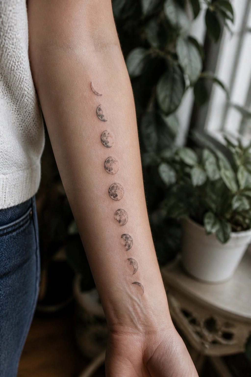 Moon phase tattoo on forearm, white knit sweater, blue jeans, green plants in background.