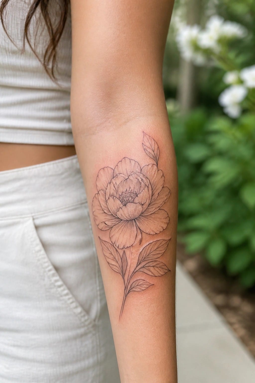 Fine line peony tattoo with leaves running down the inner forearm