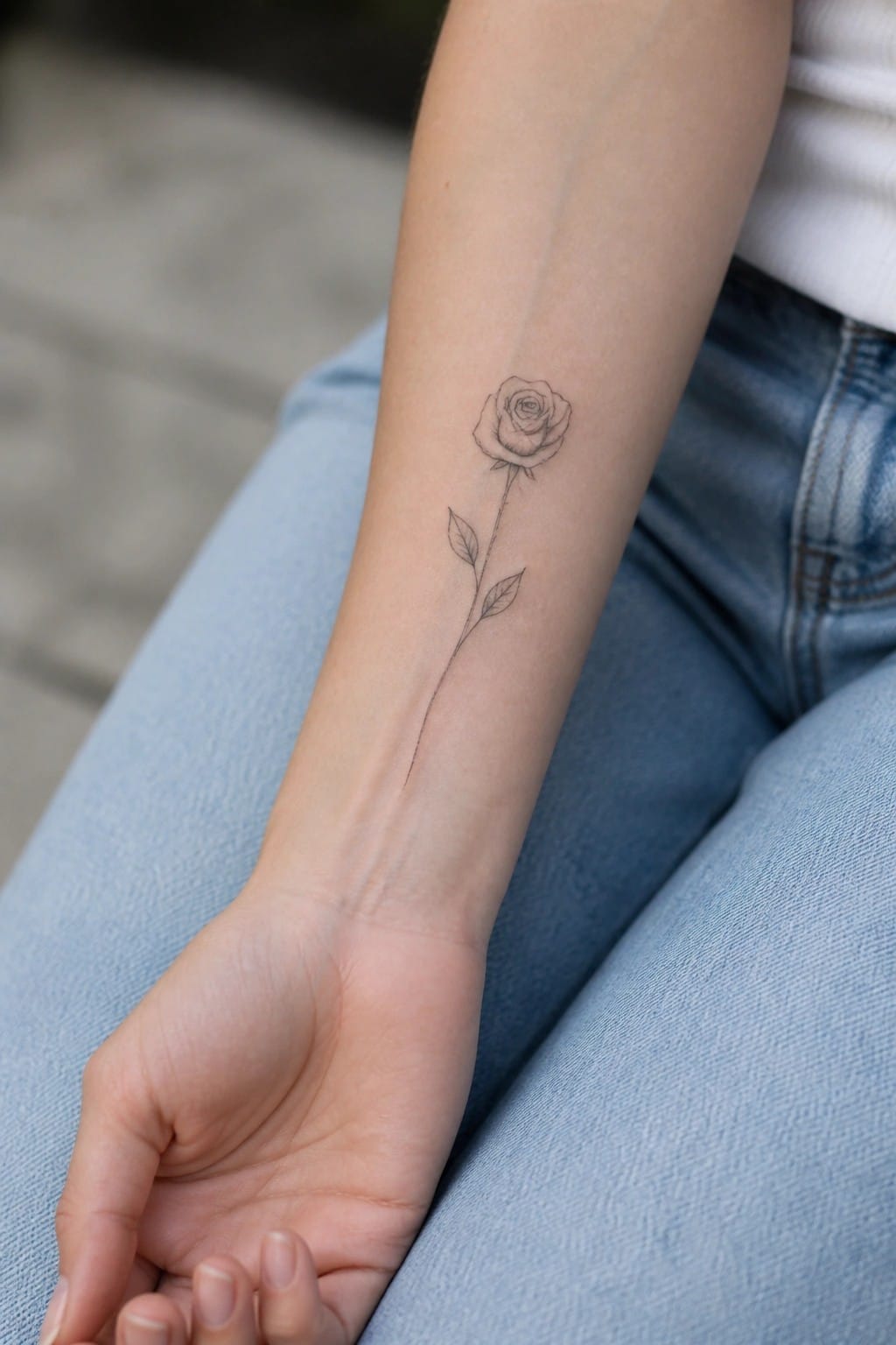 Delicate rose tattoo with stem and leaves on forearm above blue jeans.