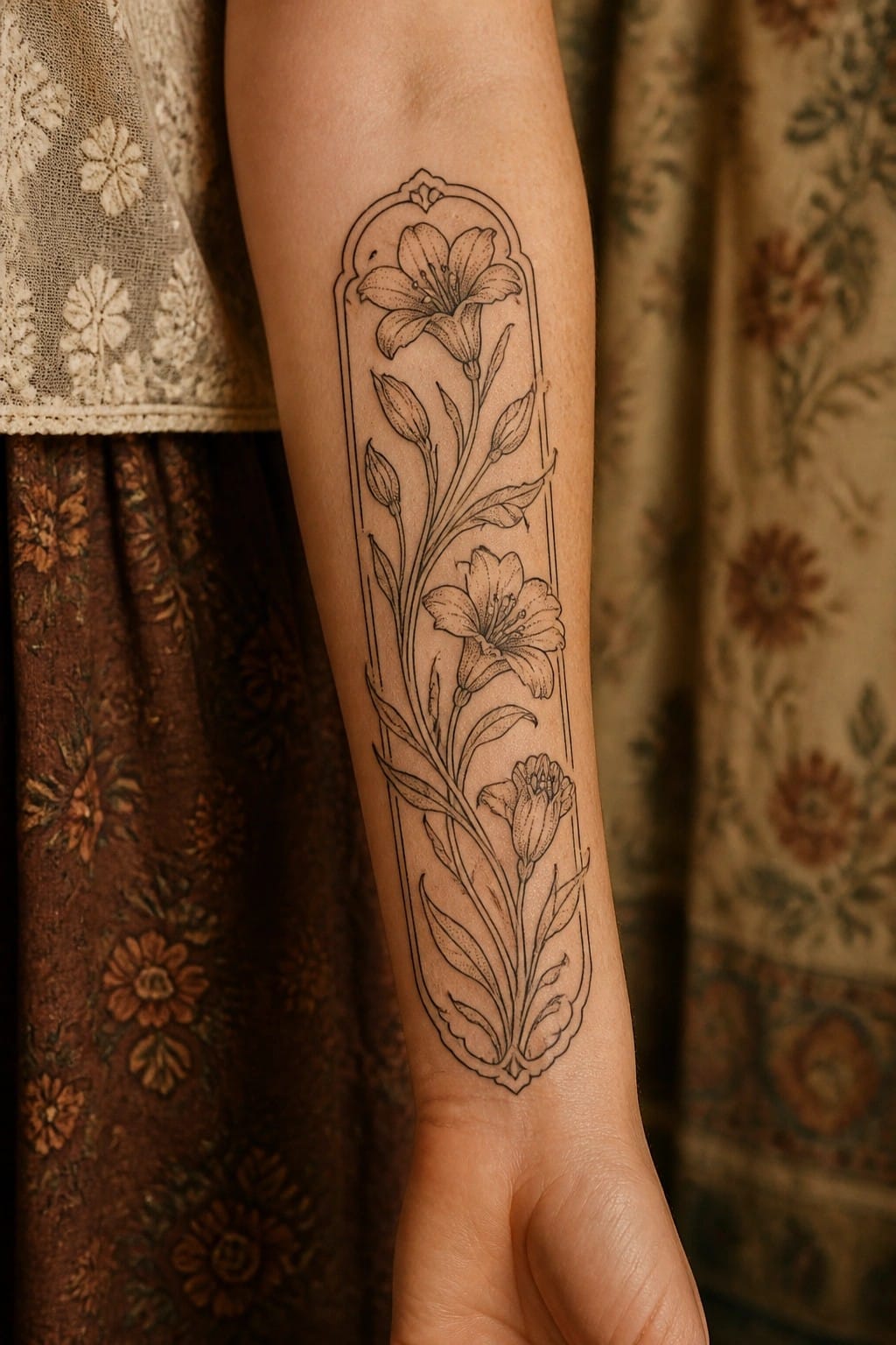 Vertical lily tattoo in ornate frame on arm with brown floral dress