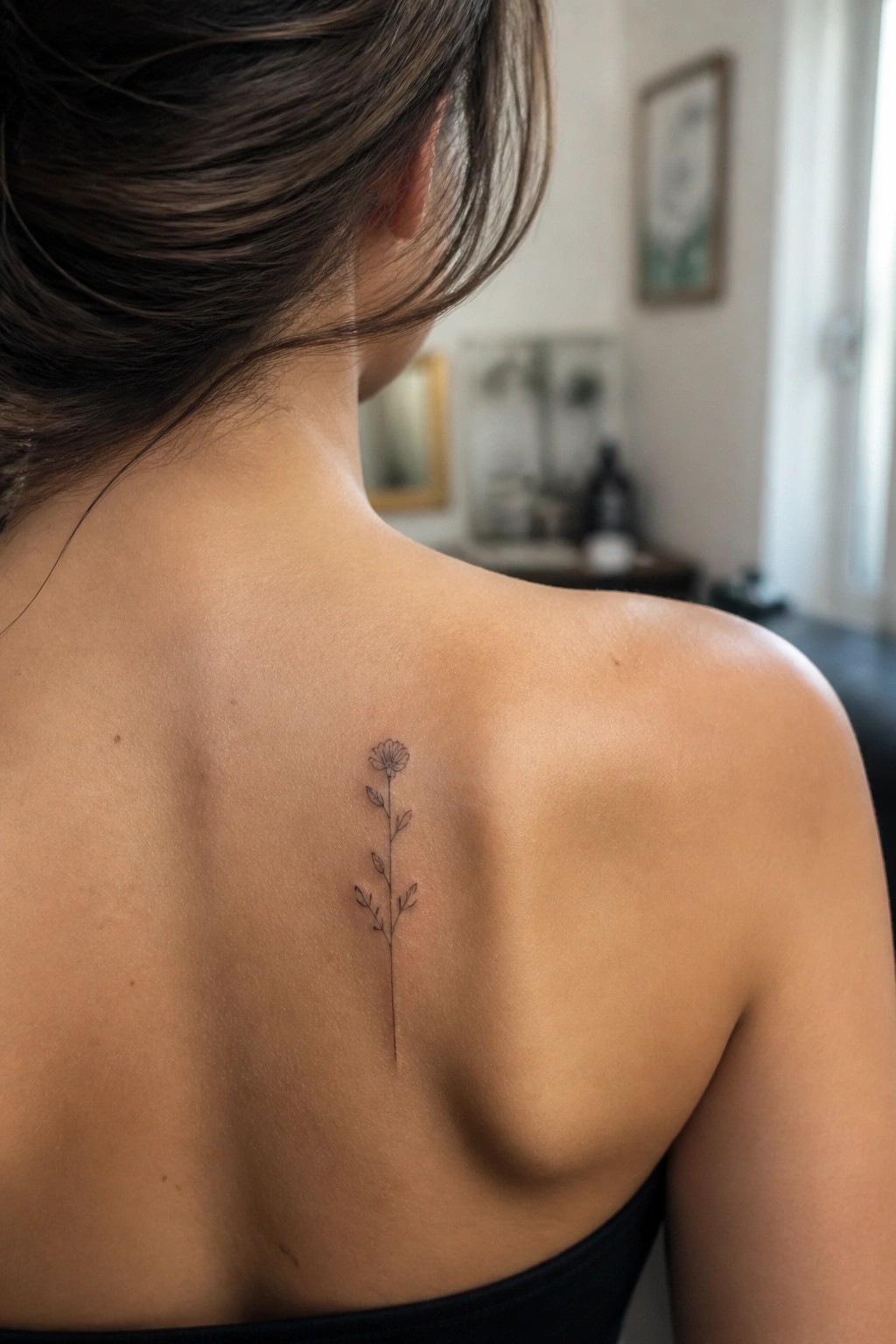 Woman's bare upper back with delicate line-art flower tattoo and brown hair.