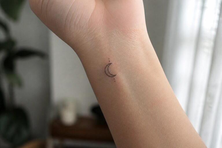 Fine line crescent moon with stars tattoo on the inner wrist