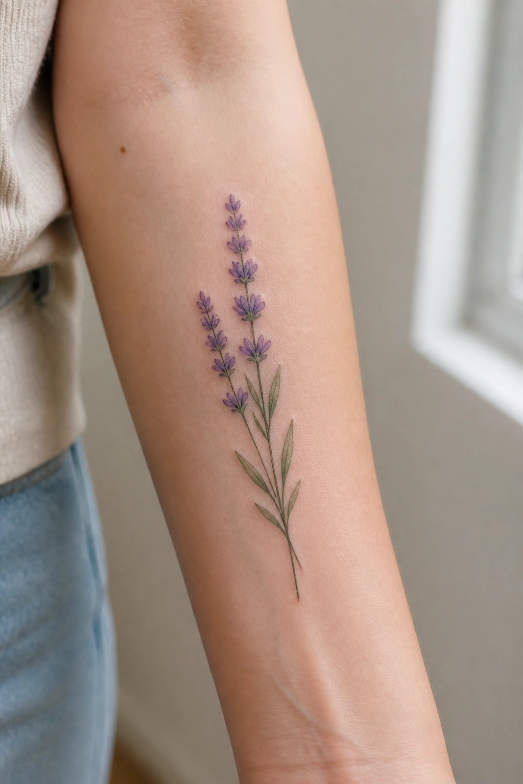 Lavender tattoo with purple flowers and green leaves on a forearm.