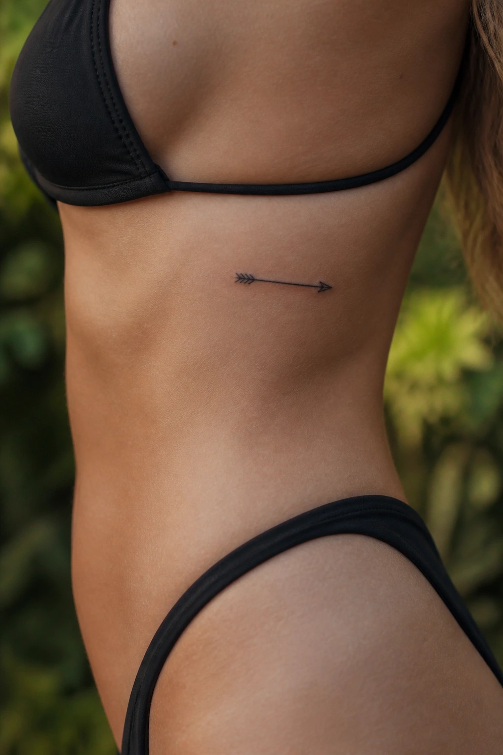 Woman's torso in black bikini with small arrow tattoo on ribs, blurred greenery behind.