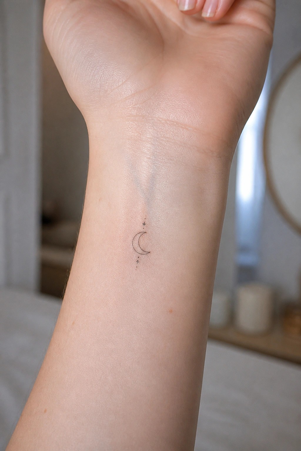 Fine line crescent moon with stars tattoo on the inner wrist